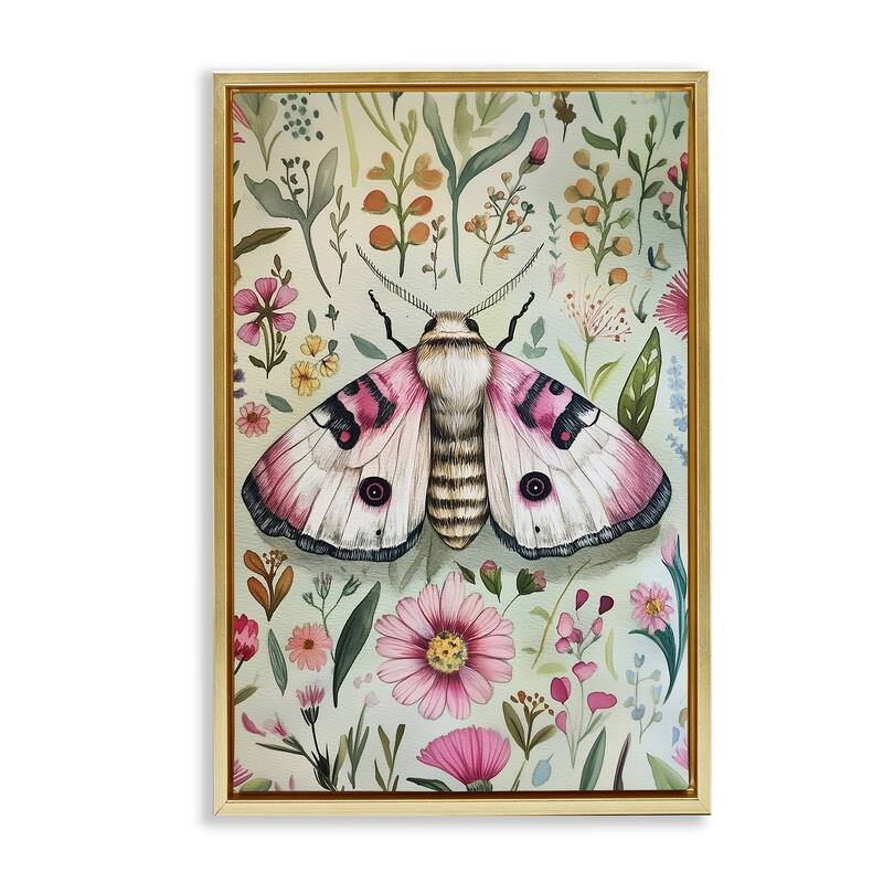 Stupell Moth over Floral Herbs Framed Floater Canvas Wall Art Design By The Dutch Lady - 21 x 31 - Gold