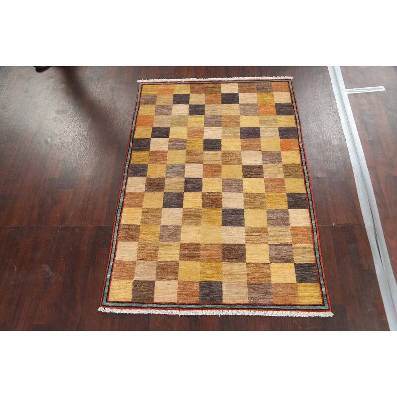 Checkered Gabbeh Kashkoli Oriental Area Rug Hand-knotted Wool Carpet - 3'11" x 5'7"