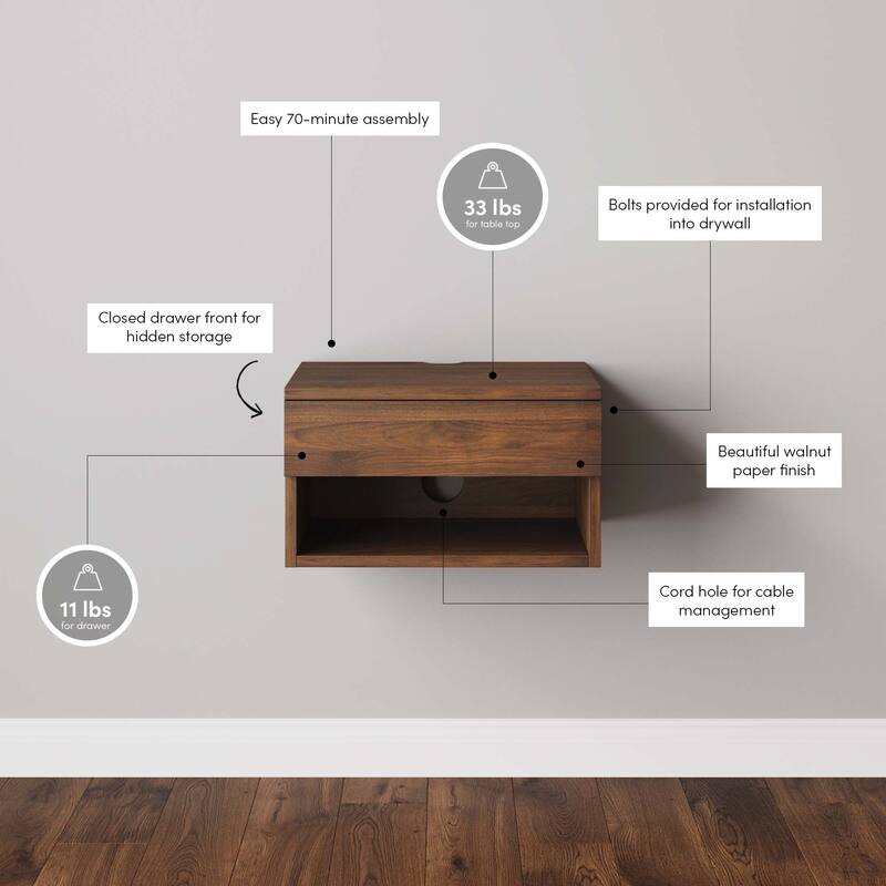 Nathan James Jackson Modern Floating Bedroom Nightstand with Storage Drawer and Open Shelf Cubby