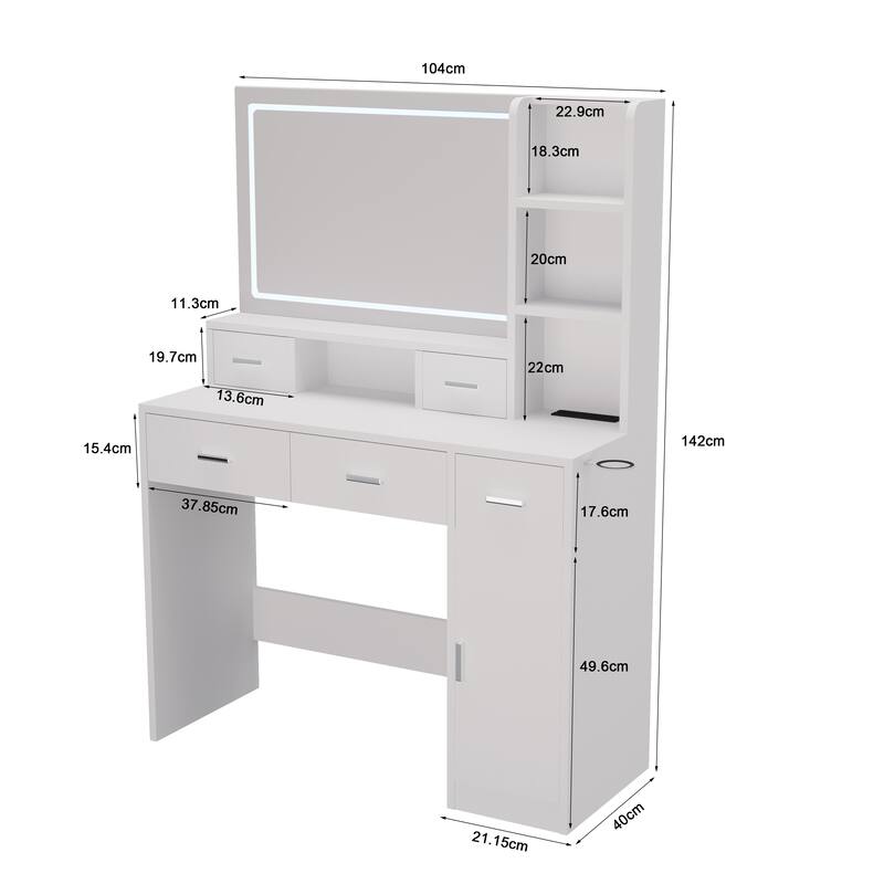 LED Vanity Desk with Mirror Wooden Dresser and Upholstered Stool Set Makeup Vanity Table with Storage Drawers