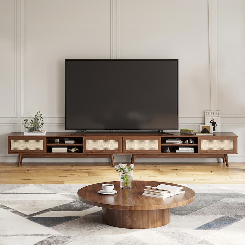 Rattan TV Stand for TVs, Wood TV Stand Mid Century Modern TV Stand TV Media Console with Drawer and 2 Cabinets