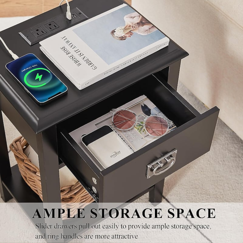 Javlergo Set of 2 Wooden Nightstand with Charging Station, Side End Table with USB Drawer and Open Storage Shelf