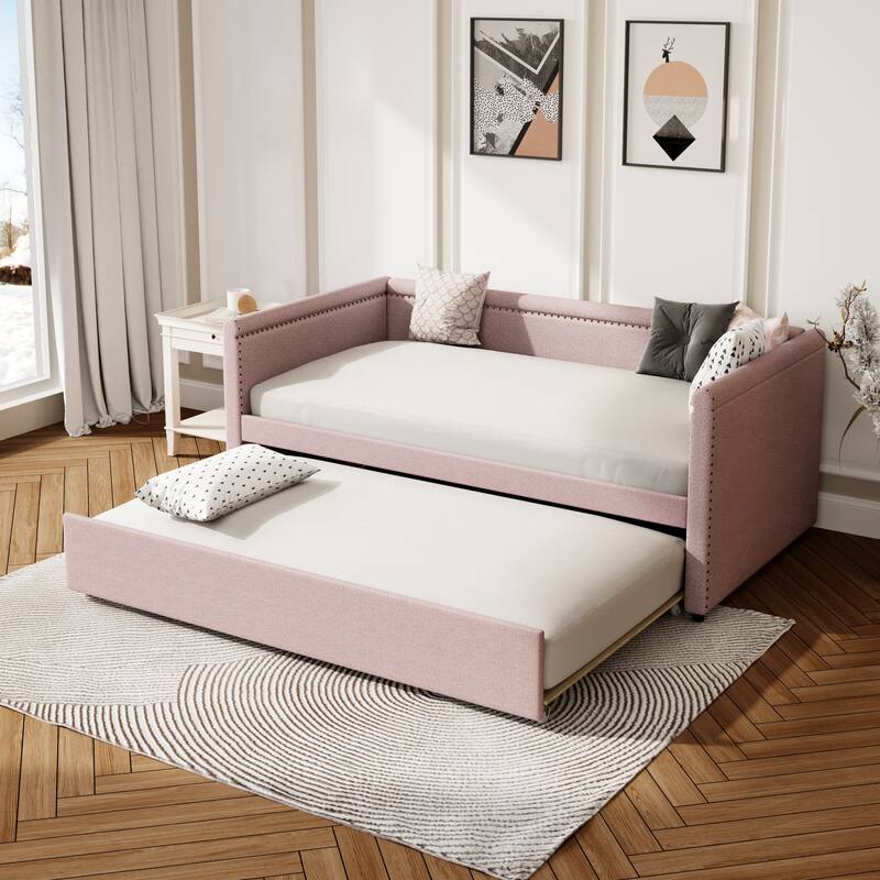 Upholstered Daybed, Twin Size Sofa Bed, Nailhead Trim Curved Arms Guest Bed with Trundle Bed, Platform Bed, Low Profile Bed - Pink - Twin