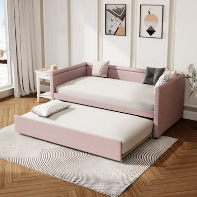 Upholstered Daybed, Twin Size Sofa Bed, Nailhead Trim Curved Arms Guest Bed with Trundle Bed, Platform Bed, Low Profile Bed