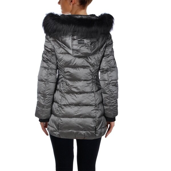 womens grey padded jacket with fur hood