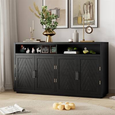Retro Sideboard Buffet Cabinet with 4 Doors and Open Compartments, Accent Storage Cabinet w/ Adjustable Shelves for Living Room