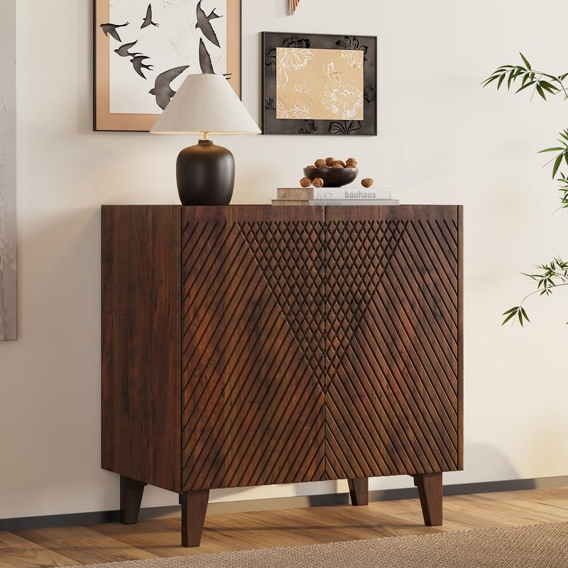 Wood Accent Cabinet with Storage, Rustic Mango Wood Storage Cabinet with Fluted Design and Adjustable Shelf