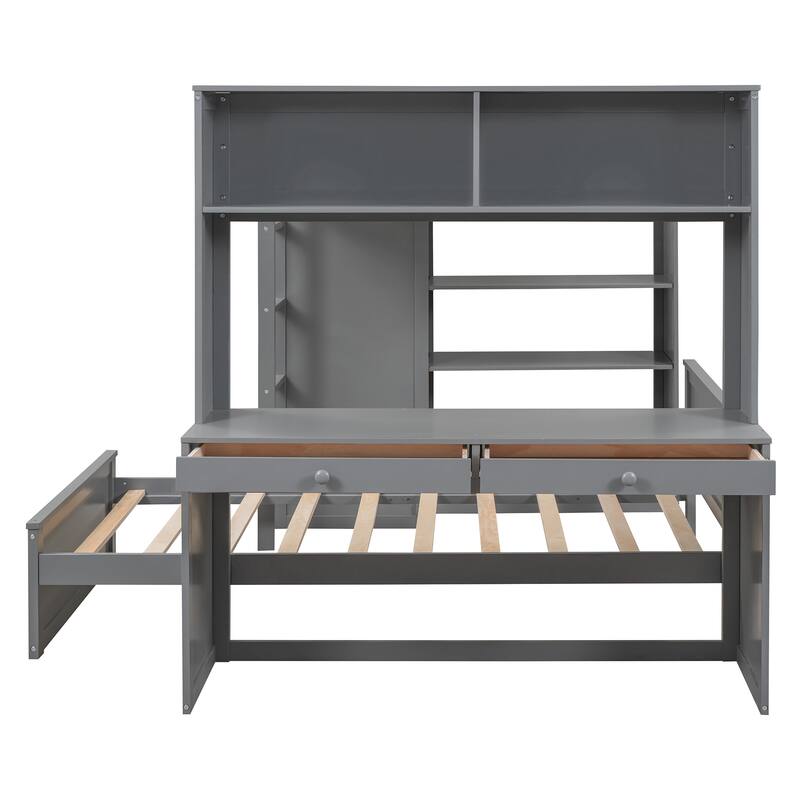 Full Size Loft Bed with Twin Bed, Shelves, Desk, and Wardrobe in Gray