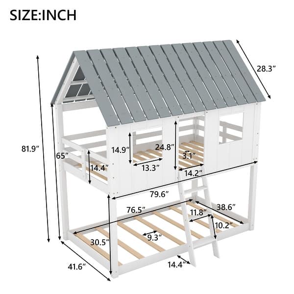 Low Twin over Twin Bunk Beds with Roof and Fence-Shaped Guardrail - Safe and Stylish