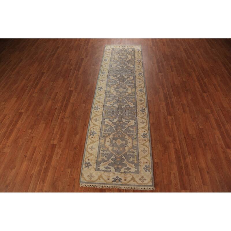 Gray Oushak Indian Runner Rug Hand-Knotted Transitional Wool Carpet - 2'8"x 9'10"