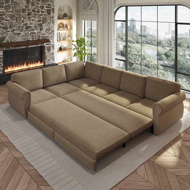 L-Shaped Sectional Sofa with Pull-Out Bed, Oversize Convertible Sleeper Sofa with Rolled Arms, Chenille Upholstery
