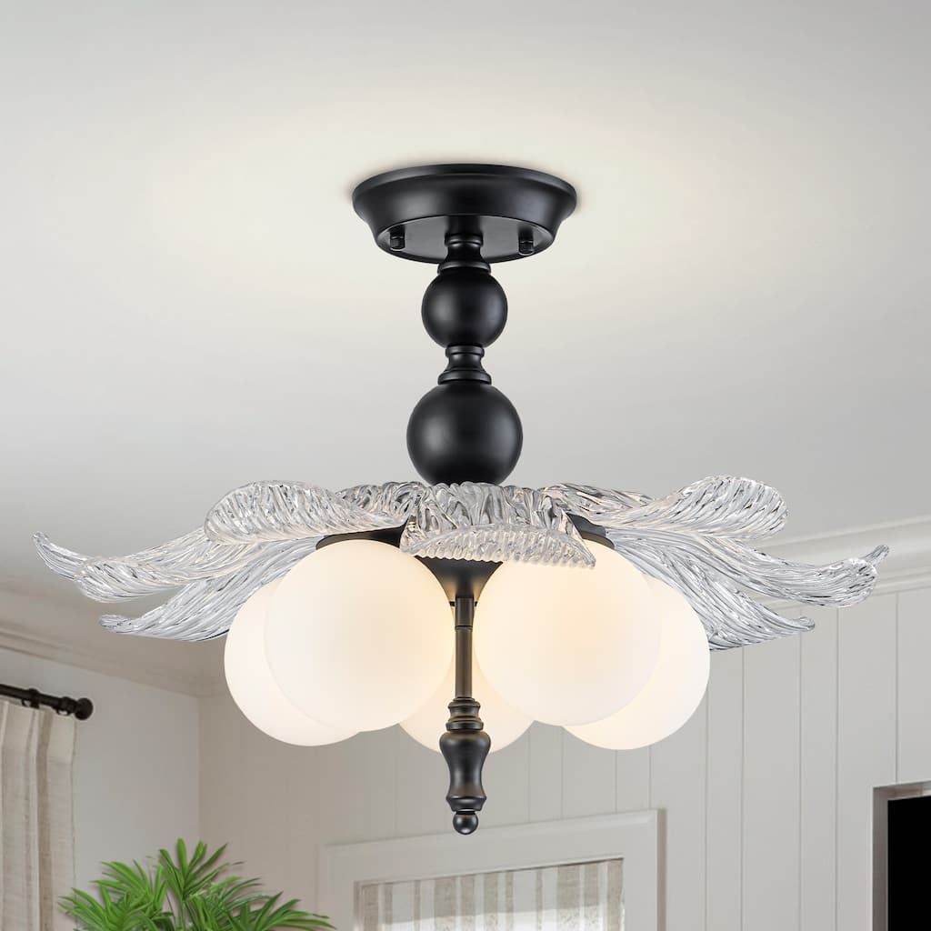 Black 5-Light Semi-Flush Mount with Tree-Textured Glass Frosted Globes - Dia. 22.44 inch