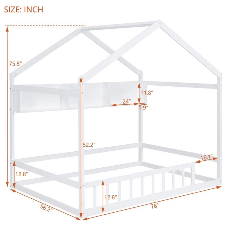 Wooden House Bed with Storage Shelf，Fence and Roof