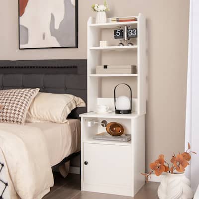 Tall Bedside Table Nightstand with Charging Station and Bookshelf