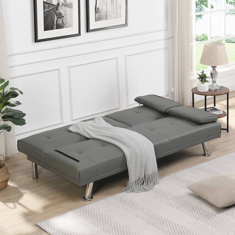 2-Seat Leather Sofa Bed with Armrests, Stainless Steel Legs, Wood Frame, Reclining Futon for Living Room, Office, Bedroom