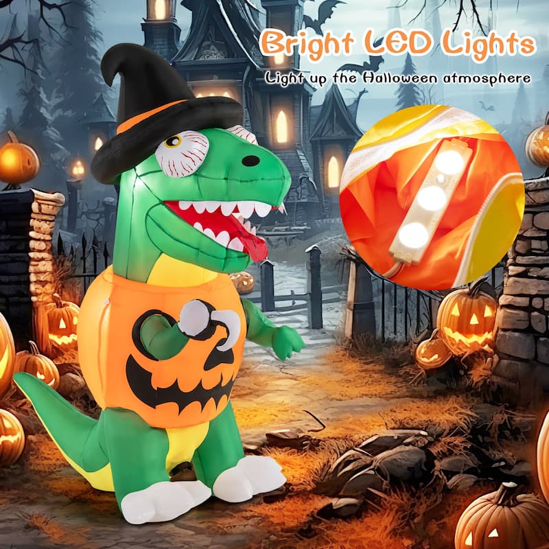 6FT Halloween Inflatable Dinosaur with Pumpkin and LED Lights for Outdoor Yard Decoration - 38.4”L x 49.2”W x 72”H