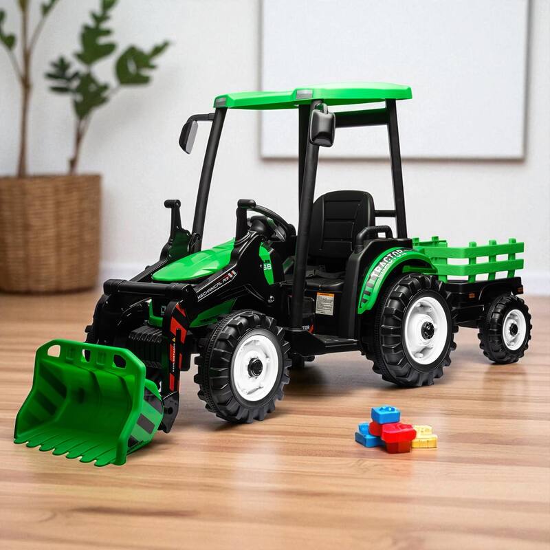 24V Kids Ride On Tractor with Remote Control, Electric Pedal Car with Trailer, Working Loader & Backhoe Digger - Green