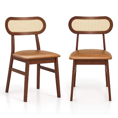 Set of 2 Modern Dining Chairs with Rattan Back and Waterproof PU Cushion Rubber Wood Legs - 19.5" x 19" x 31" (L x W x H)