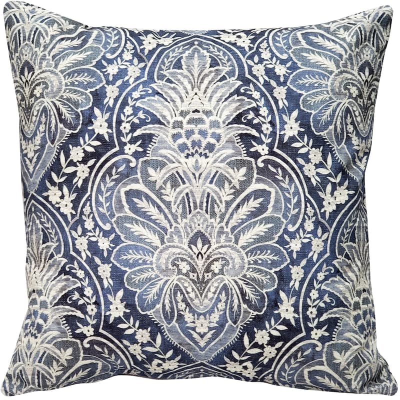 Leone Damask Cotton 21x21 Throw Pillow - Polyester - Denuim Blue