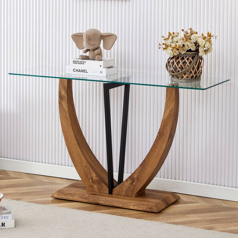 50" Modern Rectangular Side Table with Durable Tempering Glass Tabletop and Solid Base - Wood+Transparent