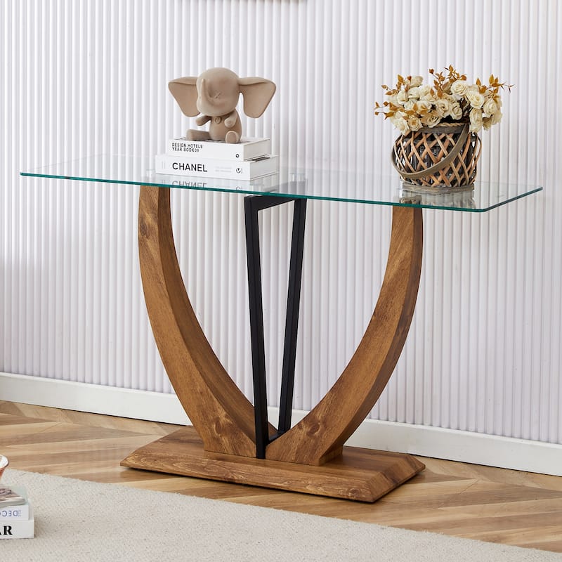 Modern minimalist rectangular glass table with 0.39 "tempered glass top and MDF wood grain sticker legs, suitable for en