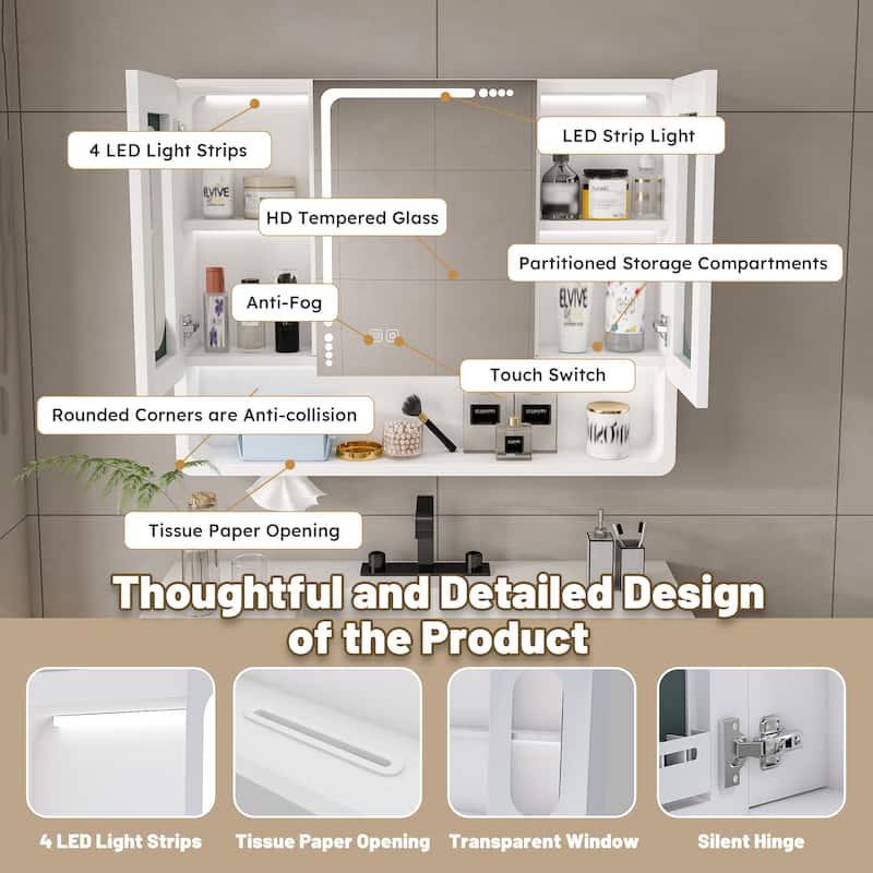 LED Bathroom Mirror Medicine Cabinet, Anti-Fog, Touch Control with 3 Light Colors