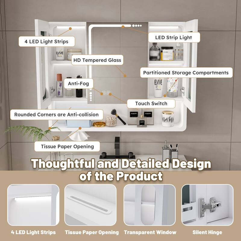 LED Lighted Bathroom Medicine Cabinet with Mirror, Wall Mounted Aluminum Storage Cabinet with Anti-Fog and Touch Control