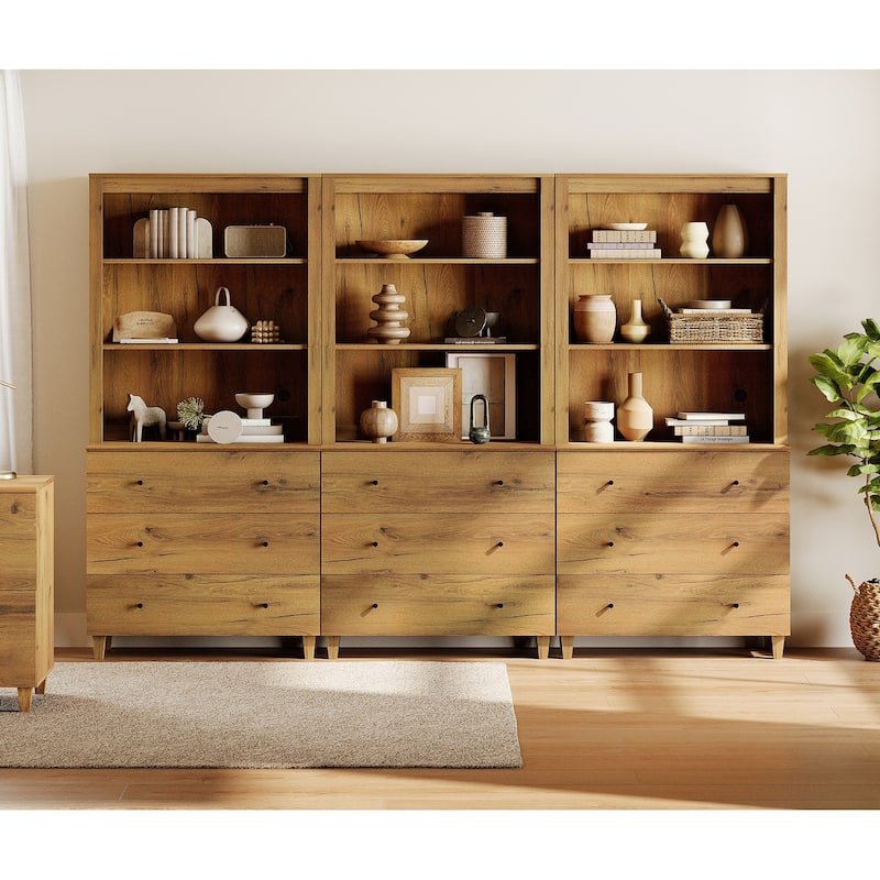 WAMPAT Modern 71" Tall Bookcase with 9 Drawers, 3 Columns 3-Tier - Beige