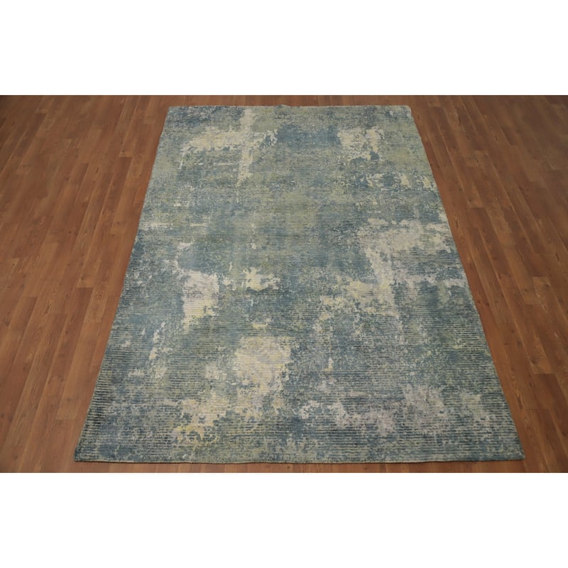 Hand Knotted Oriental Viscose Silk Carpet Modern All-Over Green Abstract Area Rug - 7' 9'' X 5' 4''