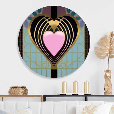 Designart 'Pink And Gold Art Nouveau Heart' Modern Metal Round Wall Art