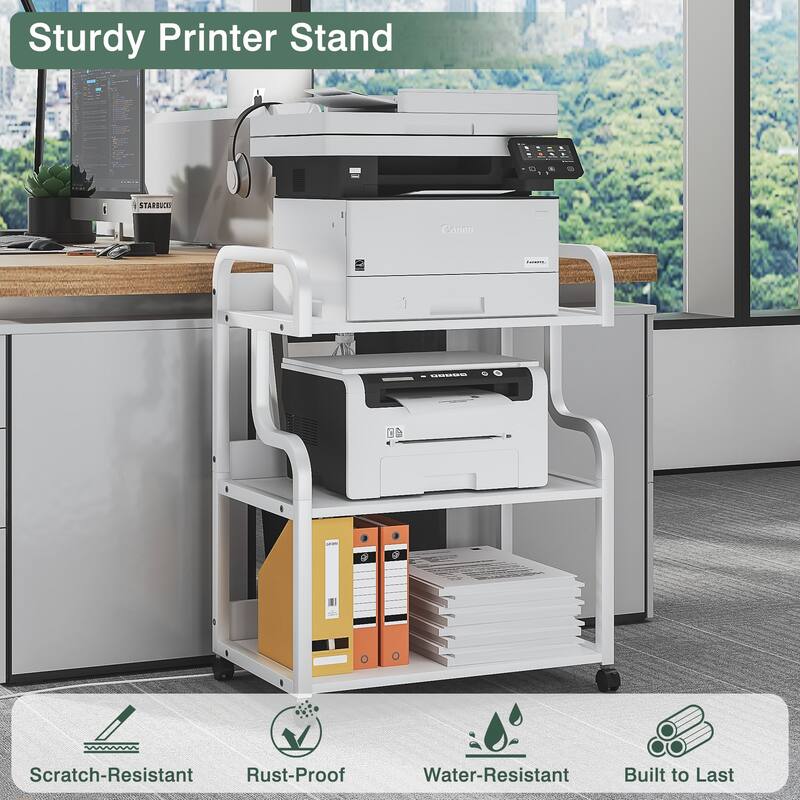 VECELO Mobile Printer Stand with Outlets & Locking Wheels White Rolling Cart Home Office Cart with USB Charging Station