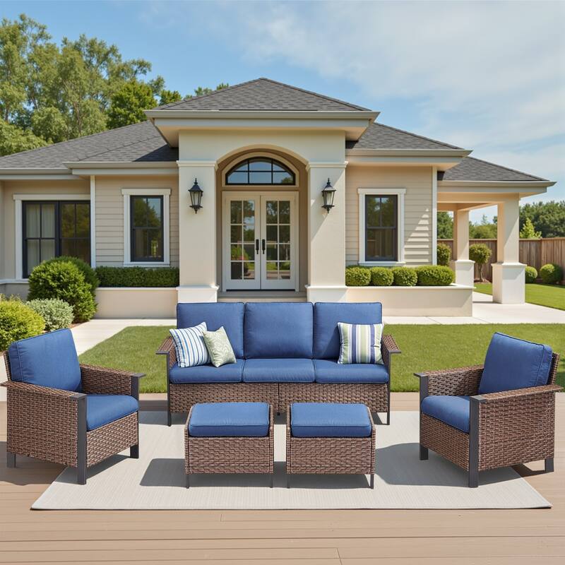 Pocassy Outdoor Wicker 4-Piece Sofa Patio Chair with Ottoman - Brown Wicker Blue Cushion - 4-Piece Sofa Patio Chair with Ottoman