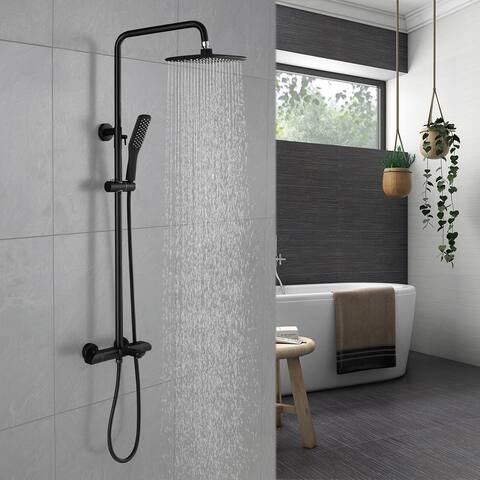 3-Way Thermostatic Wall Exposed Install Rain Shower Head System Black with Rough-in Valve