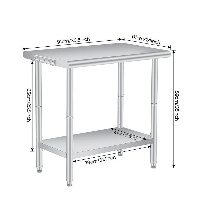 Double Layered Stainless Steel Work Table, Curved Edge Workbench with hooks