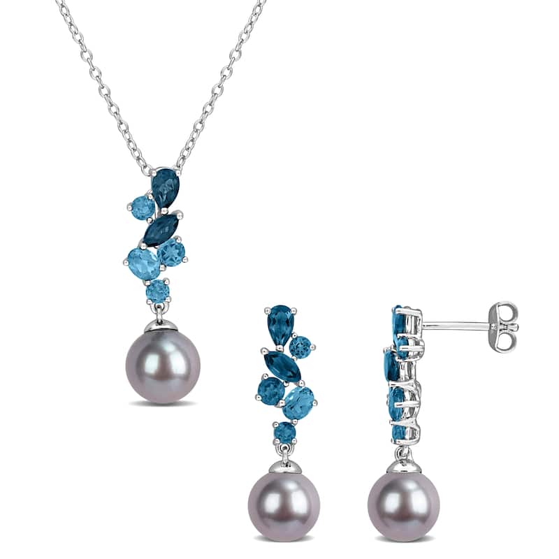 Miadora Sterling Silver Gemstone and Cultured Freshwater Pearl Necklace and Earrings Set - Blue