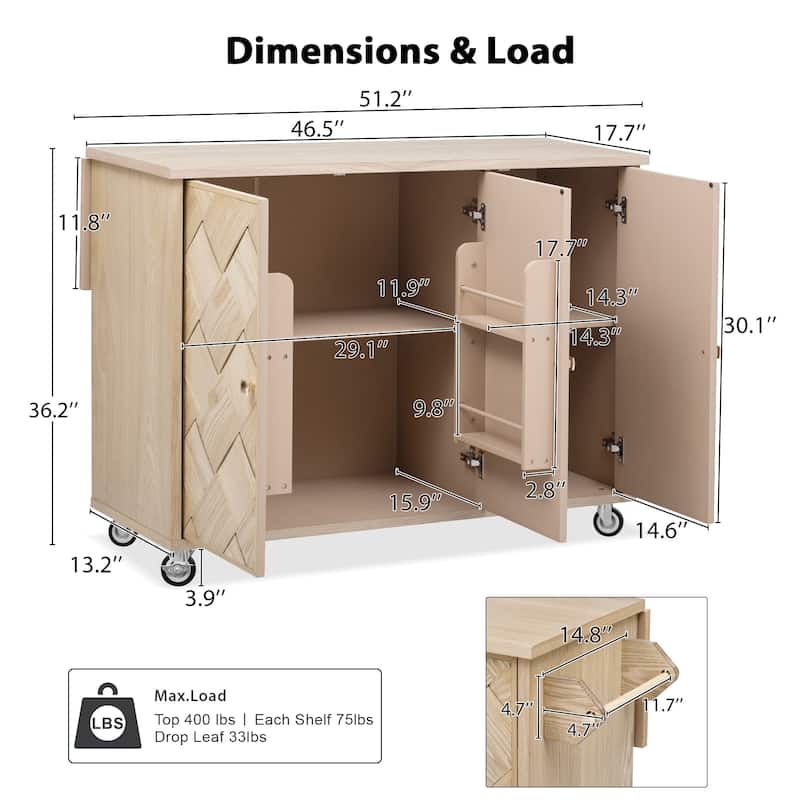 Modern 51.2" Kitchen Island with Drop Leaf and Handwoven Ash Veneer Doors, Internal Storage Racks on Wheels