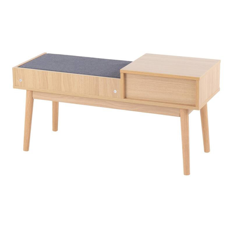 Telephone Contemporary Bench in Natural Wood and Grey Fabric with Pull-Out Drawer by LumiSource - Grey