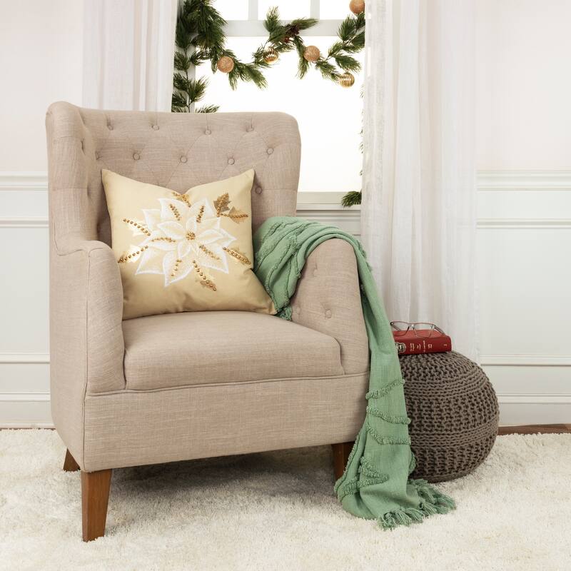 Rizzy Home Natural/Gold Poinsettia Leaves Throw Pillow - Down - Single - Accent - Natural/ Gold