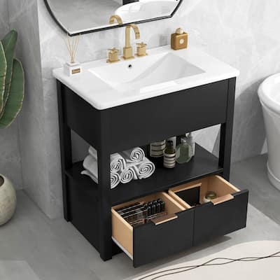 30" Bathroom Vanity with Sink Top, Open Storage Shelf, Two Drawers