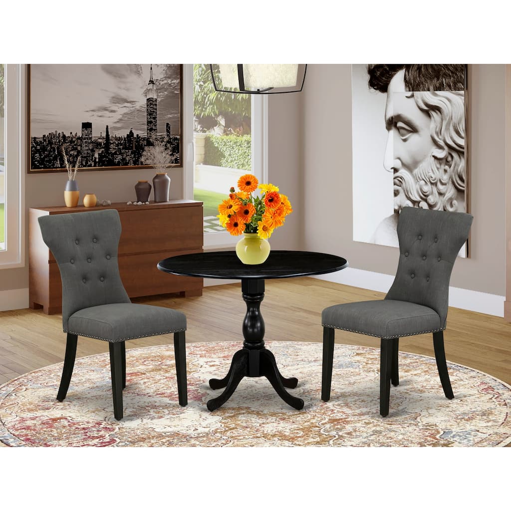 East West Furniture 3 Piece Dinette Set- a Round Dining Table with Dropleaf and 2 Linen Fabric Dining Chairs, (Finish Options)