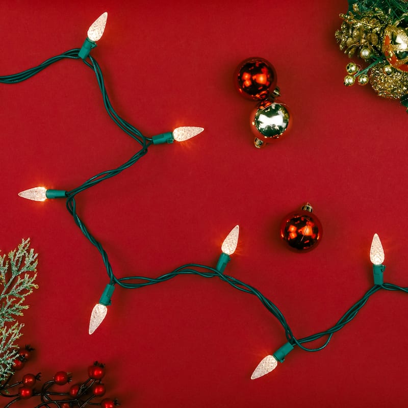 200ct Warm White LED Faceted C6 Christmas Lights, 66.25 Ft Green Wire