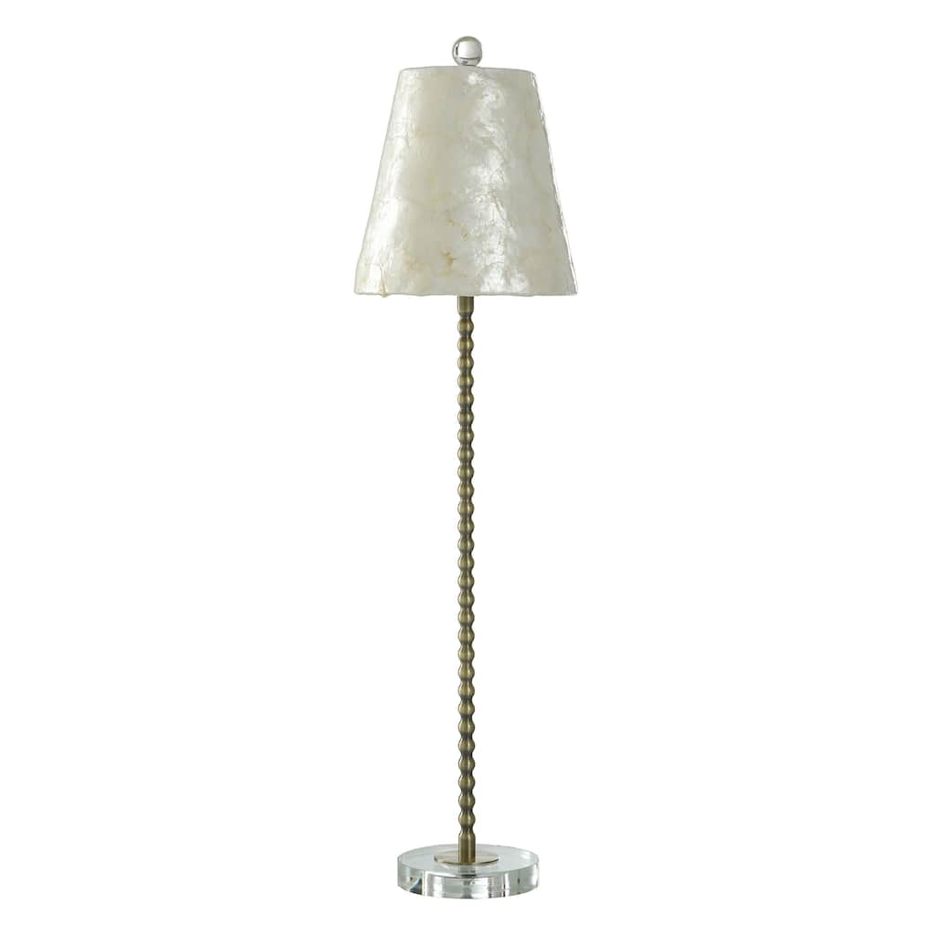 Capiz Slim Buffet Lamp - Aged Brass Finish on Skinny Beaded Body - Ivory Capiz Shade