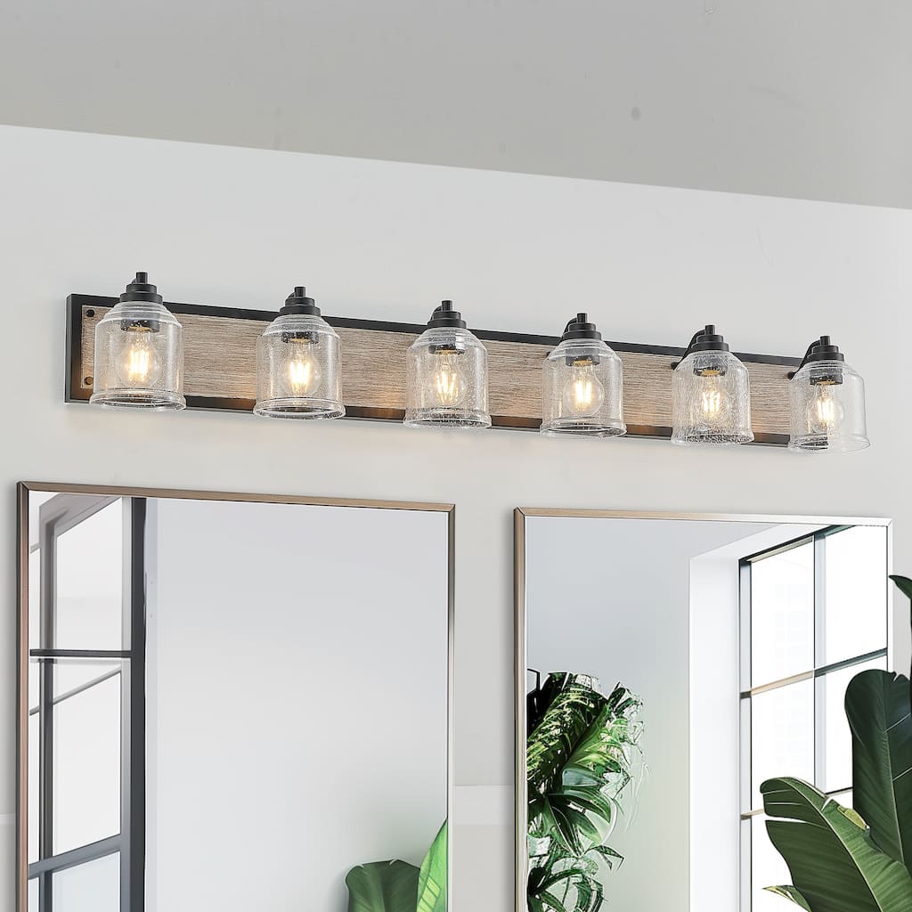 49" Farmhouse Vanity Light Fixture, 6-Light Bathroom Wall Sconce with Clear Seeded Glass Shades, Black and Wood Grain Finish