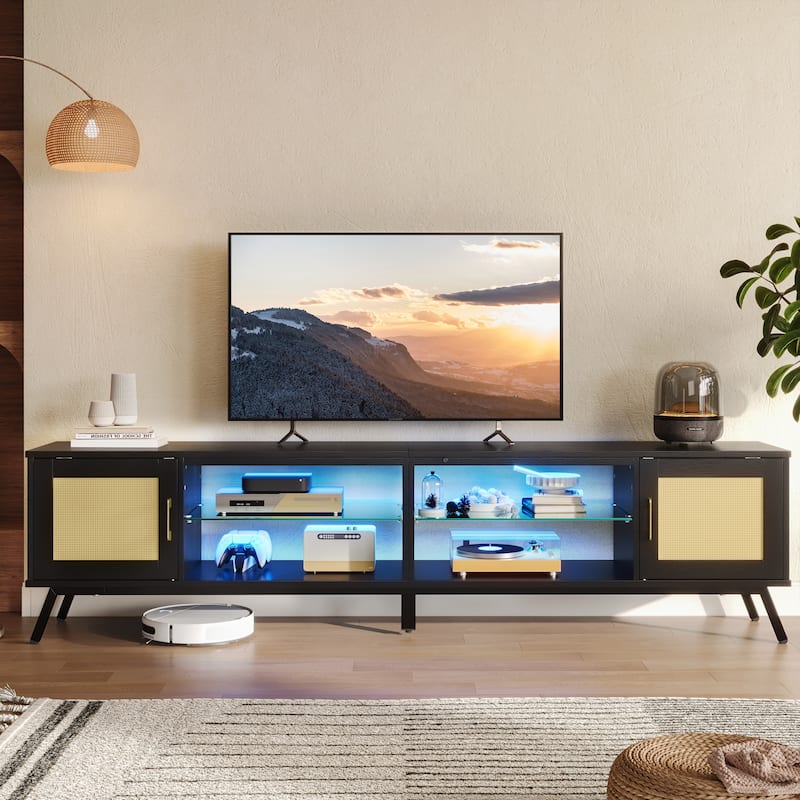 80'' Rattan Black TV Stand for TVs up to 85", Boho LED TV Console with Adjustable Shelves and doors