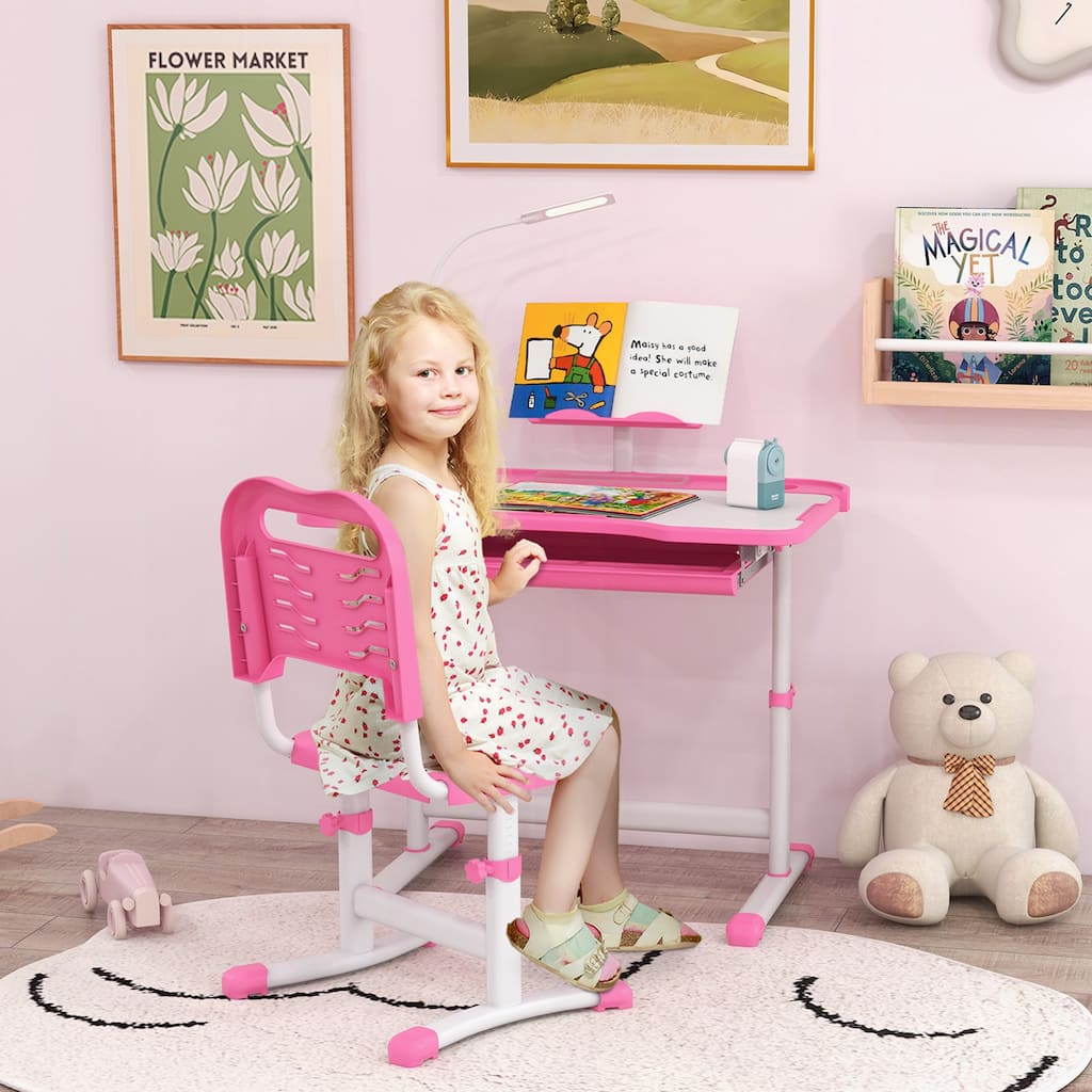 Pink Adjustable Kids Desk and Chair Set with Tilt Desktop Drawer Pen Slots Cup Holder and USB Lamp Ergonomic