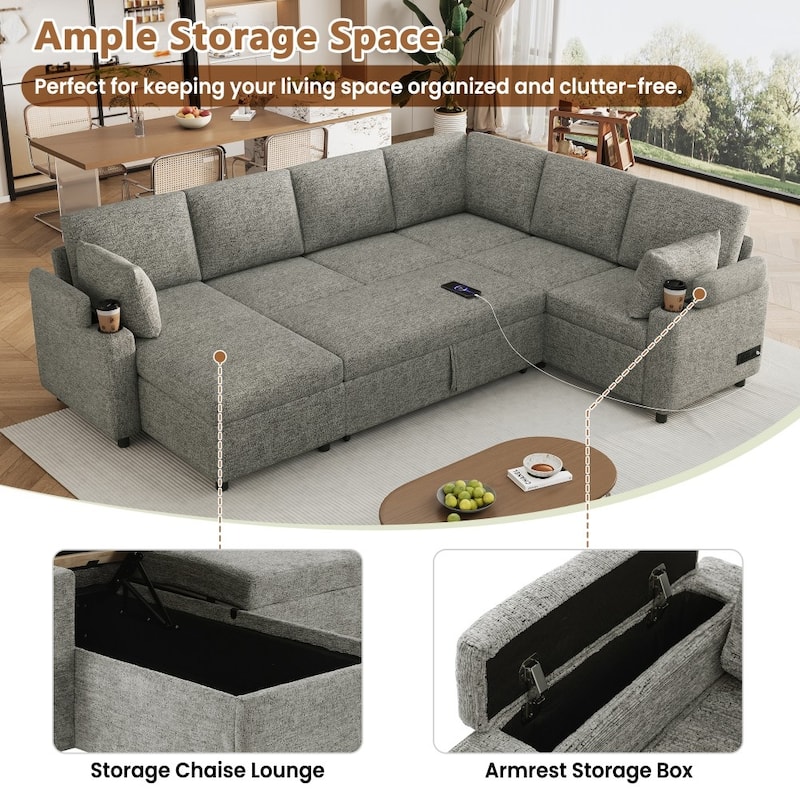 109.9" Modern U-shaped Sleeper Sectional Sofa with Two Cup Holders and Charging Ports