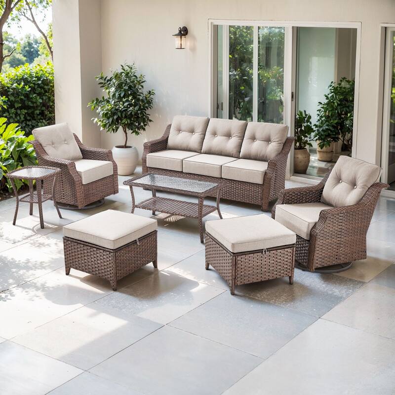 Artisan Patio Brown Wicker Sofa Conversation Set with 6-Inch Thick Cushions - Beige - 7-Piece