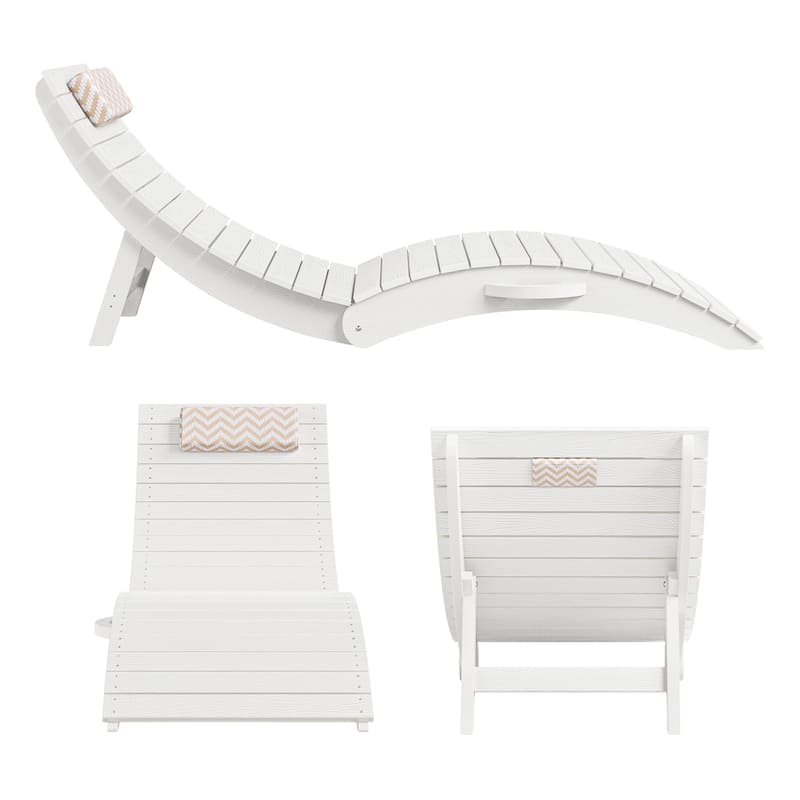 2-Piece Folding HDPS Plastic Outdoor Pool Chaise Lounges with Headrest Cushion