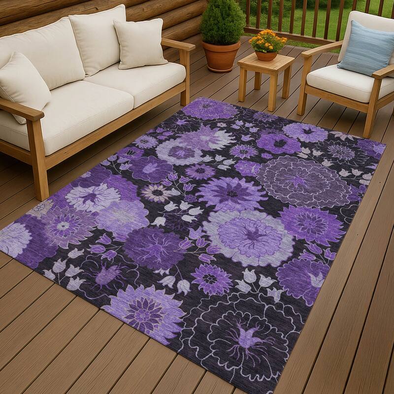Machine Washable Indoor/ Outdoor Modern Floral Chantille Rug