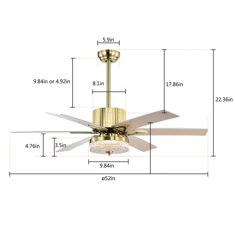 52 in. Smart Indoor Gold Ceiling Fan with Integrated LED with 6 Plywood Blade and Remote Control